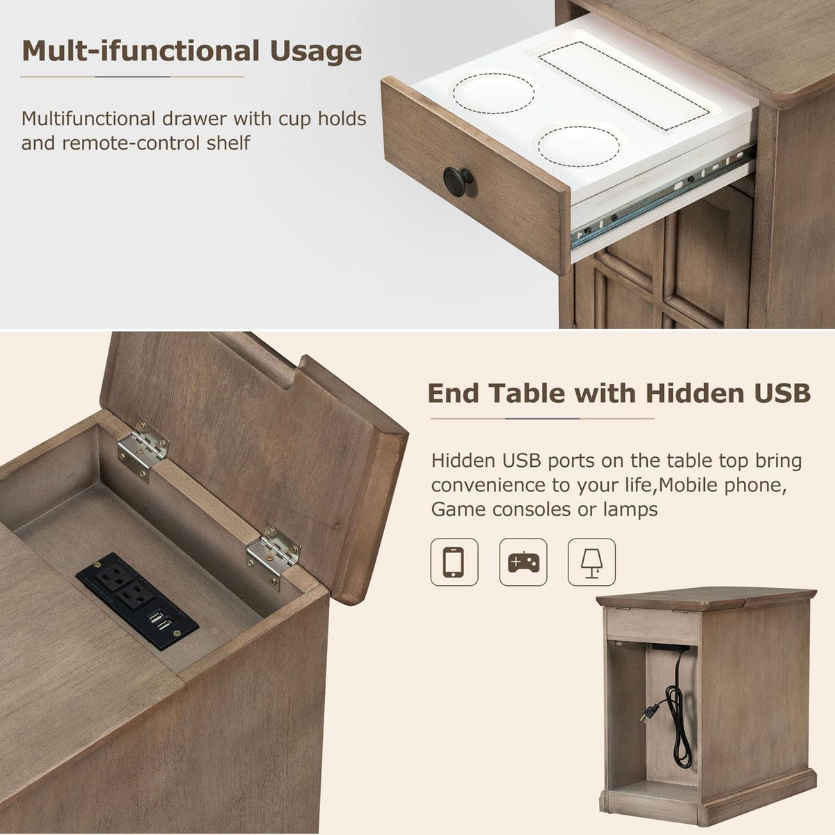 Traditional Wood Narrow End Table with Charging Station, Modern Vintage Sofa Side Table Storage & Multifunctional Drawer, Antique Brown Set of 2 for Living Room, Bedroom, Office, No Assembly