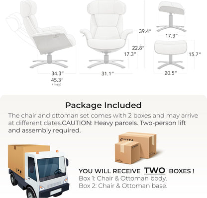CHITA Genuine Leather Reclining Swivel Accent Chair with Ottoman, Black | Eames Swivel Chair with Adjustable Backrest and Headrest for living Room & Office, 34.3"Dx31.1"Wx39.4"H, 350 Lbs Capacity