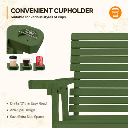 VINGLI Outdoor Glider Wood Patio Chair with Cup Holders, Outdoor Bench Glider Loveseat with Smooth Rocking Mechanism, Heavy Duty 800 LBS, Dark Green