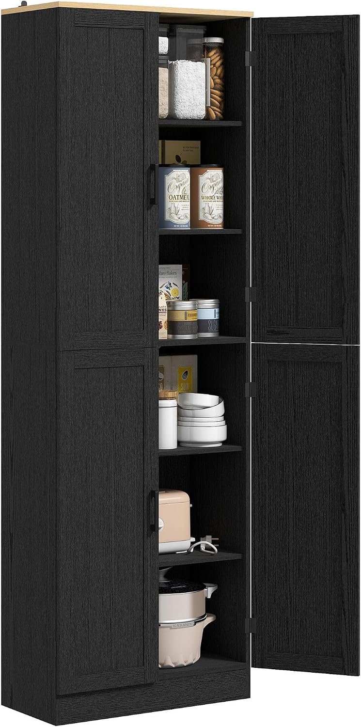 4-Door Bohemian Freestanding Kitchen Pantry Cabinet with Complete Adjustable Shelves, Distressed Black Finish in Vintage Design