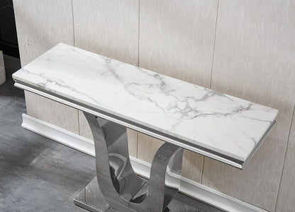 SSLine Modern White Faux Marble Console Table Luxury Entryway Table with Silver Pedestal Base 46.8" Mid-Century Elegant Sofa Table w/Mirrored Stainless Steel Frame for Living Room Hallway