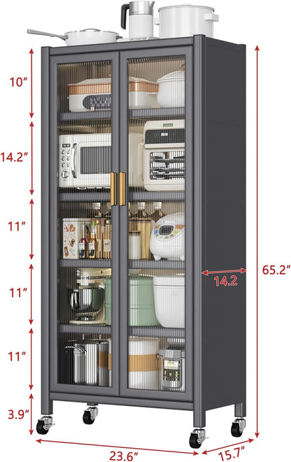 Kitchen Pantry Metal Kitchen Shelving Floor-to-Ceiling Multilevel Household Microwave Bowls Storage Cabinet on Wheels for Kitchen, Living Room, Dining Room, Grey