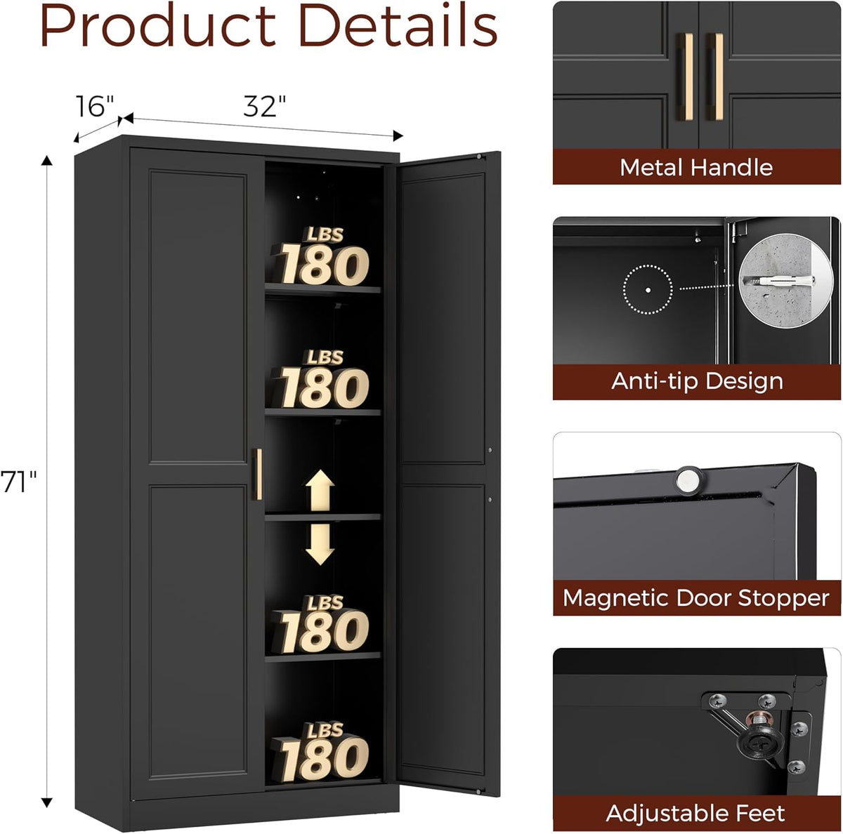 71" Tall Metal Pantry Cabinet, Black Kitchen Pantry Storage Cabinet with 4 Adjustable Shelves and Gold Handles, Cupboard for Kitchen, Dining Room, Living Room, Bathroom