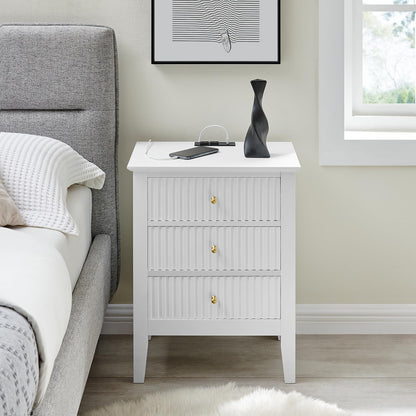 OCANDO White Bed Side Table with 3 Drawers 19" W, Bedroom Nightstand 24" H,Vintage Modern Night Stand with USB Ports,Living Room Fluted End Bedside Tables