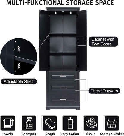 Merax 70" Pantry Cabinet with Two Doors & Three Drawer, Adjustable Shelves Storage Cupboard for Kitchen/Dining Room/Bathroom, Black