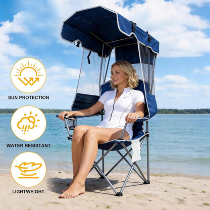 2 Pack Canopy Camping Chairs with Shade, Folding Beach Chair with Full Sun Protection, Portable Heavy Duty Outdoor Chair for Camping, Beach, Sports, Fishing, Lawn, Supports 400 lbs,Navy