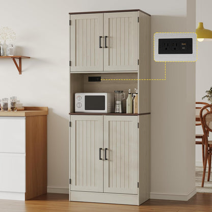 MHOM 71" Tall Pantry Cabinet with Charging Station, Farmhouse Kitchen Hutch with Adjustable Shelves, Modern Kitchen Pantry Storage Cabinet for Dinning Room & Living Room, Antique Oak