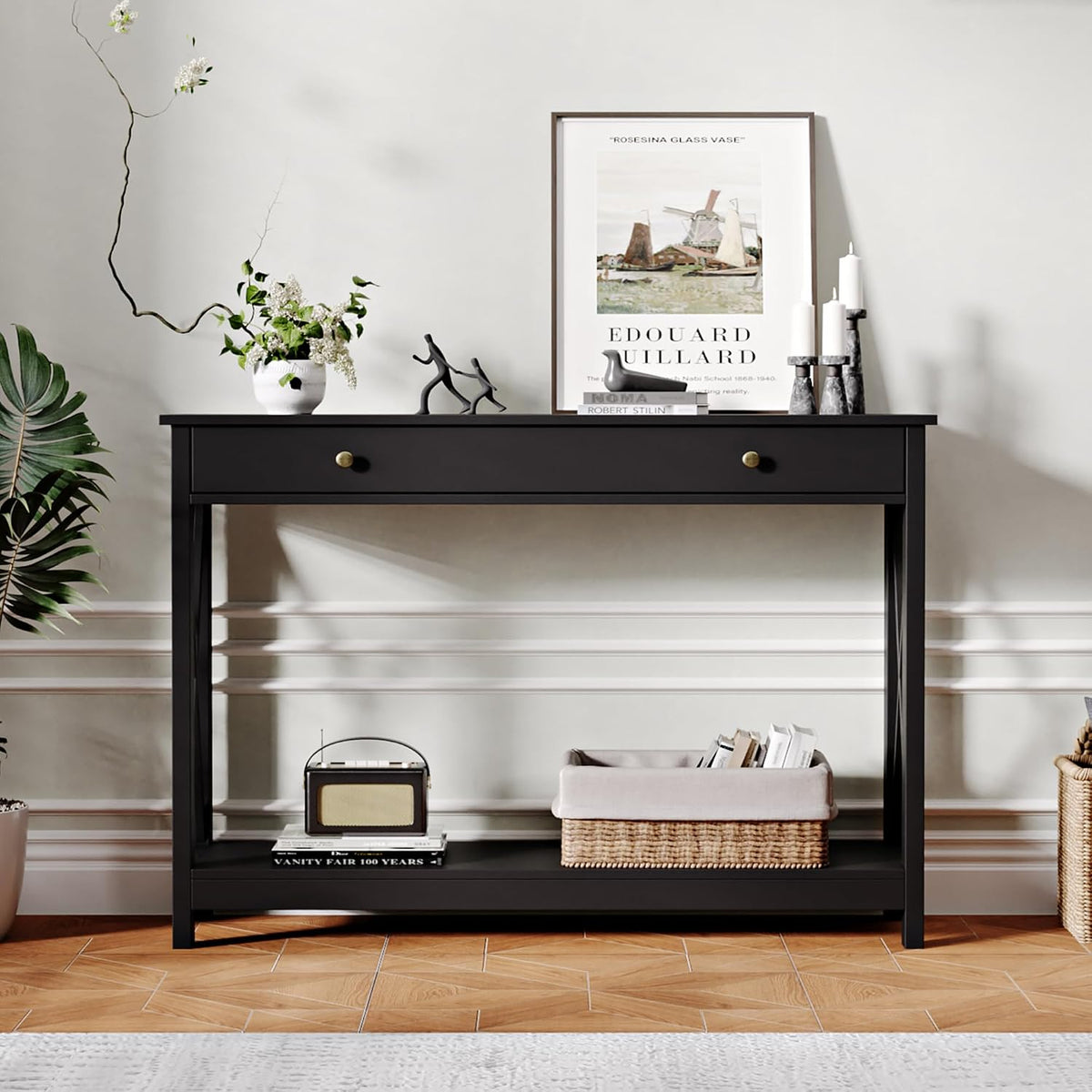 Treocho Black Console Table with Drawer and Storage Shelves, Foyer Sofa Table Narrow for Entryway, Living Room, Hallway | Entryway, Living Room, Hallway, Antique, Black