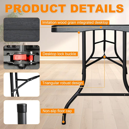 6ft Folding Table, Portable Heavy Duty Plastic Fold-in-Half Utility Table for Indoor/Outdoor Use, Dining, Camping, Picnic, Party, Black Woodgrain