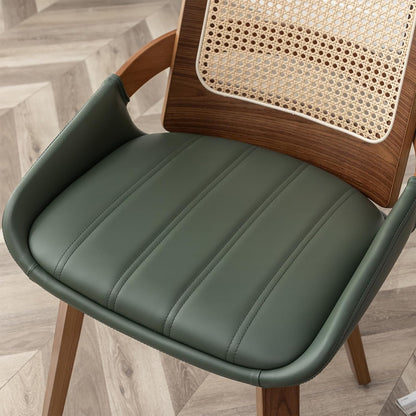 Set of 2 Kitchen & Dining Room Chairs - Green Dining Chairs with Walnut Bentwood Frame, Ergonomic Rattan Back, Curved Arms, Rattan Dining Chairs for Living Room/Reception/Kitchen/Desk (Walnut Green)