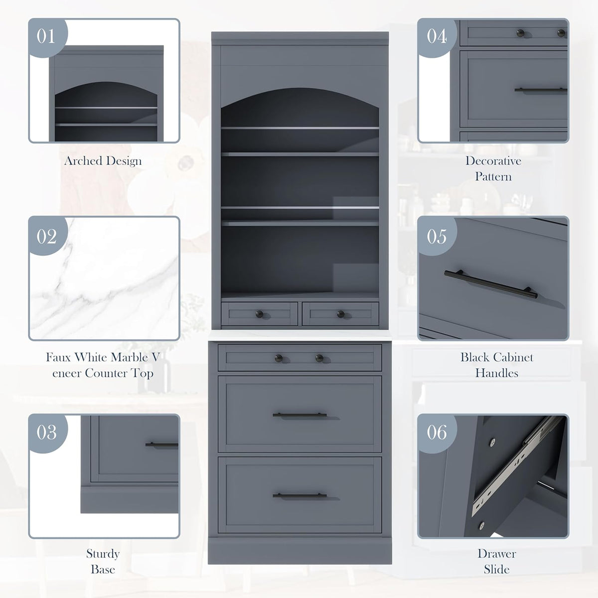 TOPMAX Modern 83.7inch High Kitchen Pantry, Freestanding Tall Kitchen Hutch with Faux Marble Top, Display Cupboard Cabinet with 5 Storage Drawers and Adjustable Shelf (Gray, 1 PCS)