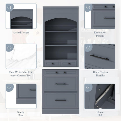 Modern 83.7inch High Kitchen Pantry Storage Cabine, Freestanding Tall Kitchen Hutch with Faux Marble Top, Display Cupboard Cabinet with 5 Storage Drawers and Adjustable Shelf, Gray