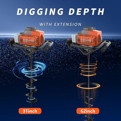 72cc 2-Stroke Auger Post Hole Digger with 2 Extension Rods & 6" & 8" Auger Bits - Gas Powered Earth Auger for Fencing, Gardening, Construction - Heavy Duty Digging Machine (72cc+2 Auger Bit(6"8"))