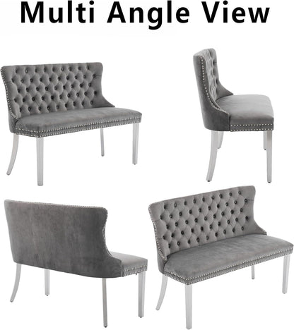 Upholstered Dining Bench with Back Tufted Settee Benches Small Loveseat Sofa Couch for Small Spaces,Entryway,Banquettee Seating Sofa Benches with Backrest (Grey+Silver Legs, Dining Bench)