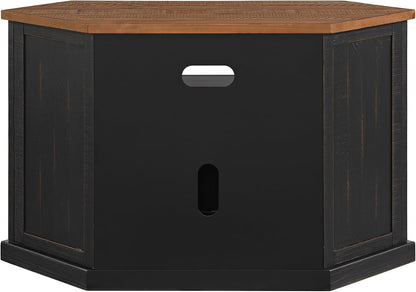 Martin Svensson Home Rustic Corner Solid Wood TV Stand, Black with Honey | Entertainment Center, for TVs up to 55", Two Door Cabinet, Open Storage shelf