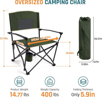 2 Pack Oversized Heavy Duty Camping Chairs for Adults 400LBS Capacity | Portable Folding Lawn Chair with Airflow Backrest, Durable Steel Frame, Cup Holder, Carry Bag for Outdoor, Sports, Fishing