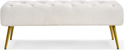 Topeakmart Dining Bench, Button-Tufted Upholstered Bench with Gold Metal Base for Kitchen, Living Room, Entryway - Ivory