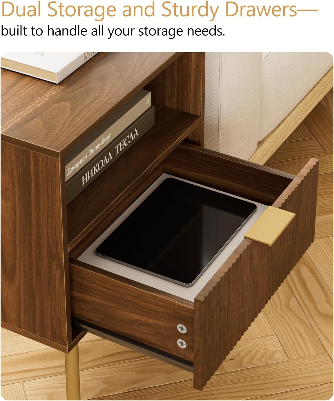 Masupu Night Stand,Mid-Century Modern Bedside Table with Storage Drawer and Open Wood Shelf,Small Gold Frame Side Table for Bedroom,Living Room, Walnut