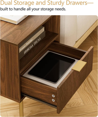 Masupu Night Stand,Mid-Century Modern Bedside Table with Storage Drawer and Open Wood Shelf,Small Gold Frame Side Table for Bedroom,Living Room, Walnut