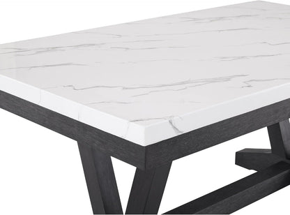 Benzara Vinz Dining Table, 72 Inch White Faux Marble Top, Black Trestle Base