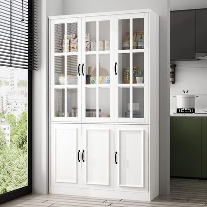 AIEGLE Freestanding Cabinet with 3 Glass Doors, Tall Storage with 5-Tier Shelves for Dining Room or Living Room, White