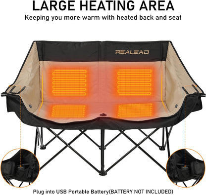 REALEAD Heated Double Camping Chair - Heated Loveseat Camping Chairs for Adults with 3 Heat Levels and 4 Heating Zones - Oversized Heated Chairs Outdoor Sports Supports 650 lbs Battery NOT Included