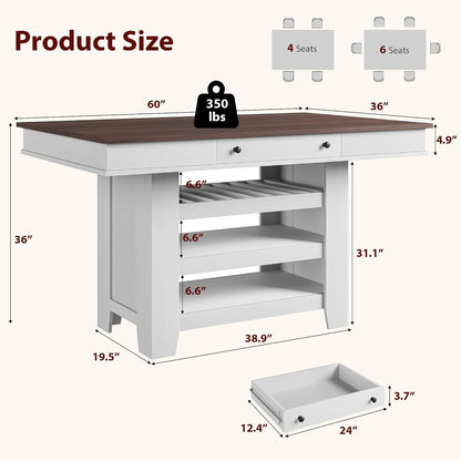 Garvee Counter Height Dining Table with 2 Drawers, 36" Farmhouse Wooden Large Bar Kitchen Table with Wine Rack & 3 Shelves, Rectangular, Thick Frame for Kitchen, Bar & Entertaining, Retro White Brow