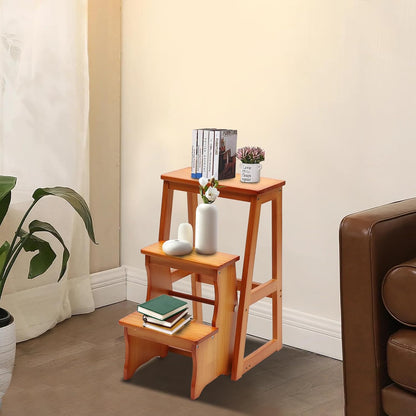 Folding Library Ladder Chair, Solid Wood Portable Multifunctional Step Stool, 3-Step Stool Stepladders, Display Stand and Flower Stand for Home (Brown)