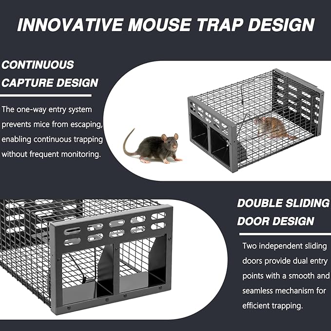 Rat Trap, Humane Live Rat Trap & Automatic Reset Mouse Traps with Dual One-Way Door Design – Catch and Release for Mice, Chipmunks, Hamsters, and Other Rodents, Indoors & Outdoors(Black)