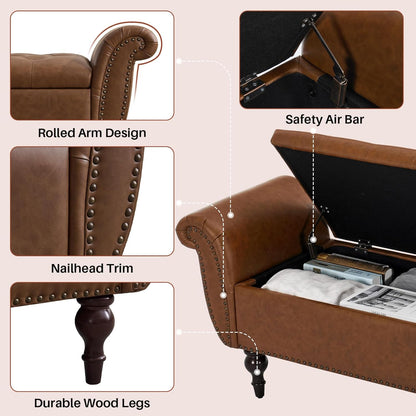 63.78" Inch Storage Bench for Bedroom Faux Leather End of Bed Bench with Storage Upholstered Ottoman Foot Rest with Rolled Arms for Bedroom Living Room Holds Up to 700 Lb Brown