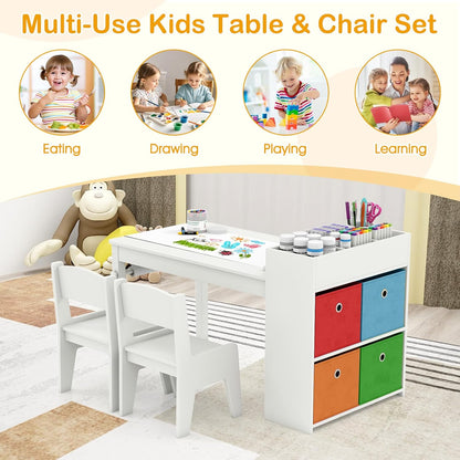 KOTEK Kids Art Table and Chair Set, Kids Craft Table with Paper Roll, 2 Chairs & 4 Storage Bins for Drawing, Reading, Learning, Toddler Activity Play Desk for Playroom or Classroom (White)