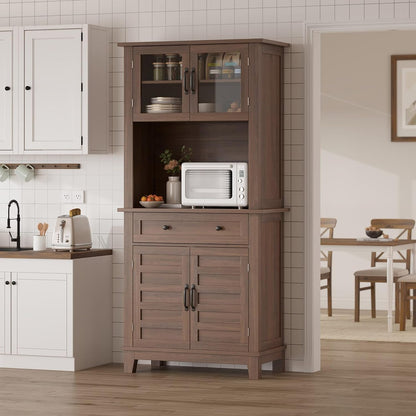 GarveeHome 72 in Tall Kitchen Pantry Cabinet, Kitchen Hutch Bar Cabinet with Microwave Stand, Cupboard with Drawers & 2 Glass Doors for Dining Room, Living Room, Kitchen, Dark Brown
