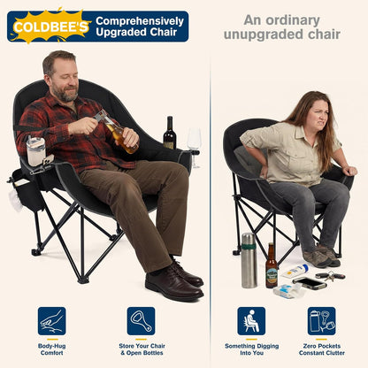 Coldbee Oversized Camping Chairs for Adults - Heavy Duty Padded Folding Lawn Chairs with Cup Holders & Cooler Bag, Comfy Outdoor Chair for Picnic, Beach, Fishing (Black)
