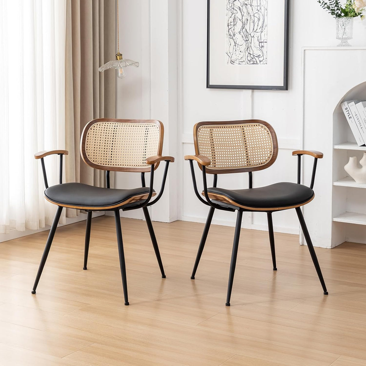 Rattan Dining Room Chairs Set of 2,Mid Century Modern Kitchen Side Chairs,Metal Legs Desk Chairs,Faux Leather Accent Chairs with Arms and Rattan Backrest,Black PU