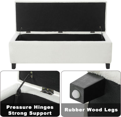 Storage Bench End of Bed, White Boucle Storage Ottoman Bench with Pressure Hinges, Foot Rest with Rubber Wood Legs, Button Tufted Ottoman with Storage for Living Room, Bedroom, Entry Ways & Window