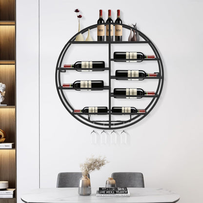 23.6 Inch Wall Mounted Wine Rack w/Glass Holder, Round Iron Wine Shelf, 7 Bottle Horizontal Storage & 4 Glass Hanging Rail, Modern Floating Display for Kitchen & Bar (Black/Gold) (Black)