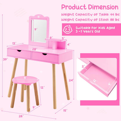Costzon Kids Vanity Set, Girls Vanity Set with Mirror and Stool, 2 Large Drawers, Storage Shelf, Wooden Princess Makeup Dressing Table, Vanity Table and Chair Set for Toddlers (Pink)