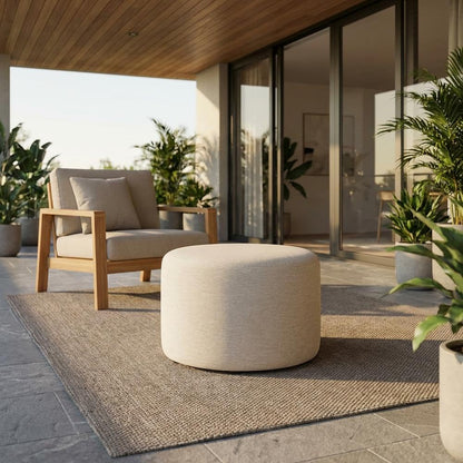 White Woven Heathered Fabric Ottoman, 23-Inch Round, Comfortable Outdoor Lounge Seat, Stylish, Durable for Patio and Garden