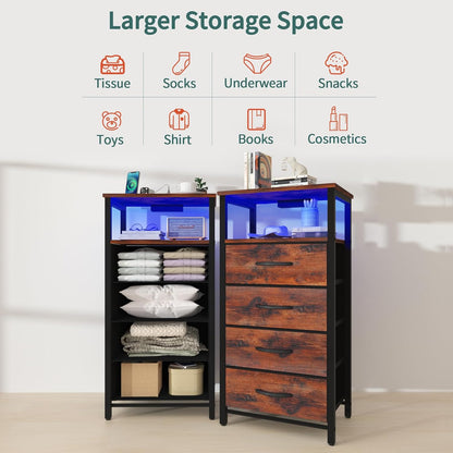 Yoobure Night Stand - LED Rustic Nightstand with Charging Station for Dorm | Bedside Table with 4 Storage Drawers and Storage Shelf, End Table with USB Ports and Outlets, Tall Nightstand for Bedroom