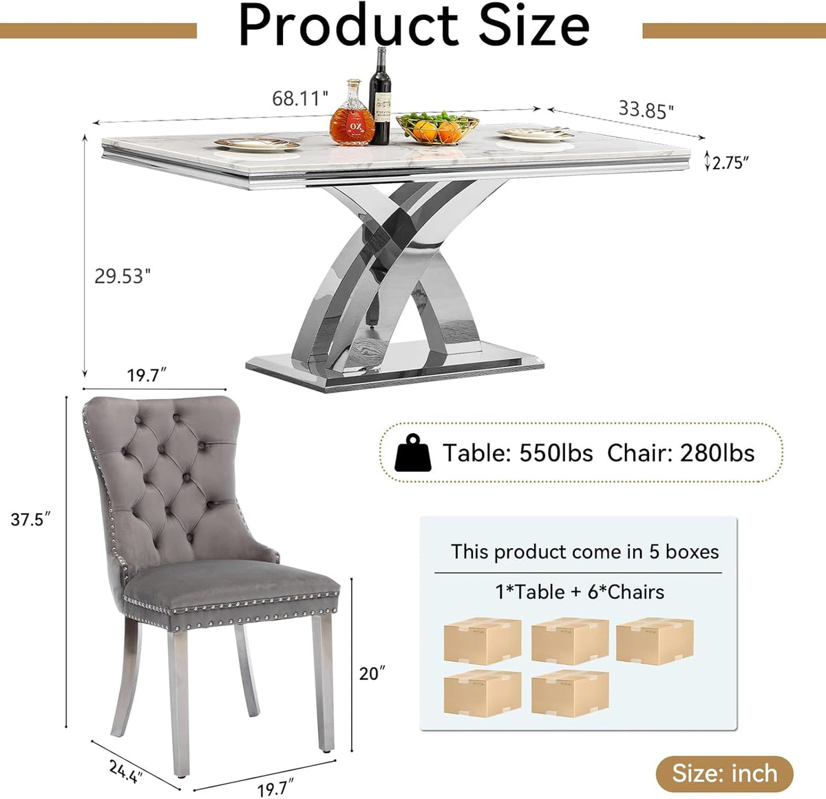 7 Piece Dining Table Set with Chairs, Faux Marble Dining Table and Gray Chair Set for 6, White Silver Dining Room Table Set with X-Shape Stainless Steel Base, Morden Kitchen Table and Chairs for 6