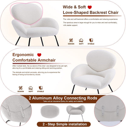 Accent Chair, Accent Chair for Bedroom, Boucle Chair (Cream Whtie) | Comfy Bedroom Chair with Love Back and Sturdy And Durable Solid-Wood Frame/ Study Room / Bedroom / Living Room /(Cream Style)