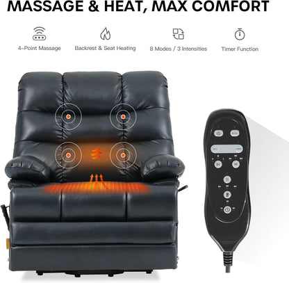 DYNOX Oversized 400 lbs Power Lift Recliner Chair for Big and Tall Seniors, Dual Motor Lay Flat Lift Chair with Extended Footrest, Heat & Massage, Genuine Leather, Dark Blue, 9305L