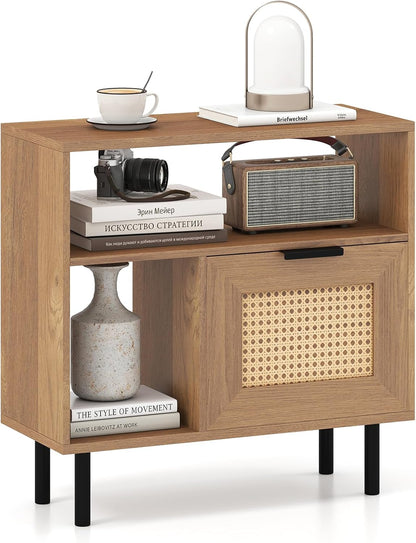 Giantex Rattan End Table with Cabinet, Boho Nightstand with Storage Shelves, Narrow Side Table for Small Space, Rustic Wooden Bedside Tables for Bedroom, Living Room, Entryway