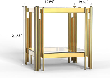 Small Side Table, Square End Table with Tempered Glass & Irregular Gold Stainless Steel Base, 2-Tier Modern Glass End Table with Storage Shelves, Luxury Accent Sofa Table for Living Room, Bedroom
