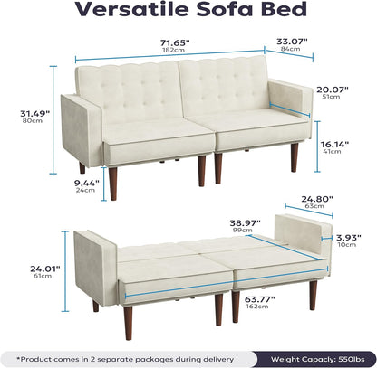 Furnify 71" Velvet Futon Sofa Bed, Versatile Loveseat Couch, Sleeper Sofa with Adjustable Backrest, Mid Century Modern Futon Couch for Small Space, Living Room, Office & Apartment, Velvet Fabric Beige
