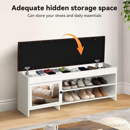 40.5 in Shoe Bench with Storage, Storage Bench, Padded Seat, White | Lift-top storage, 2-tier shoe storage, adjustable shelves, mirrored cabinet doors for entryway, mudroom, bedroom
