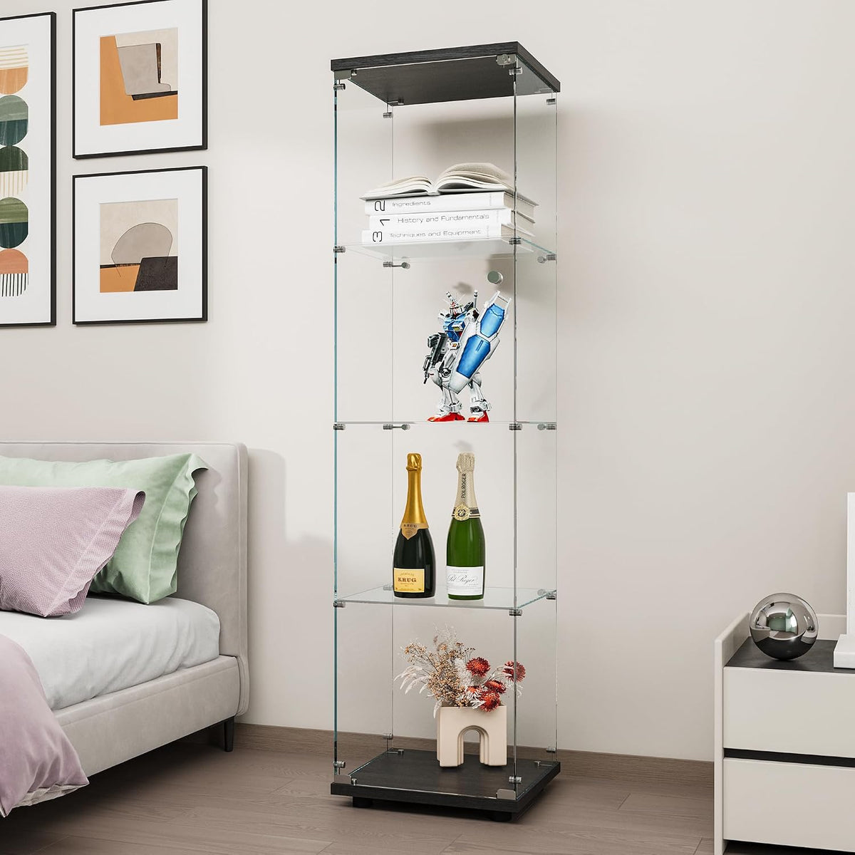 FANYUSHOW Tempered Glass Display Cabinet 4-Shelf Curio Cabinet with Security Lock 5mm Display Shelf Showcase for Living Room/Bedroom/Office- Black 64.7" H x 16.7" L x 14.37" W