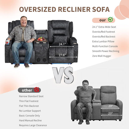 SAMERY Loveseat Recliner Sofa, Power Reclining Loveseat Sofa, Wall Hugger Recliners RV Couch with Console, Lift-Top Table, Rhythm & Ambient LED Lights, USB-C, Outlets, Velvet, Gray