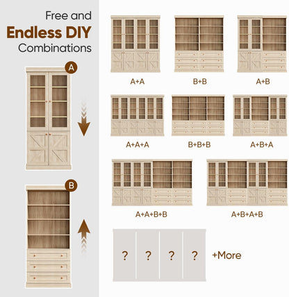 ivaniti 71" Tall Kitchen Pantry Cabinet, Rustic Farmhouse Storage Hutch with Glass Doors & Adjustable Shelves, Freestanding Wood Buffet Cabinet for Dining Room, Living Room, Brown (Set of 4)