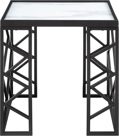 3pc Tables Set with Tempered Glass Top and Black Metal Frame | Includes 3-piece set with white marble-print tempered glass tops